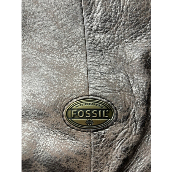 Fossil Explorer XL Metallic Leather Fold Over Crossbody Hobo Tote Shoulder Bag - Picture 6 of 11